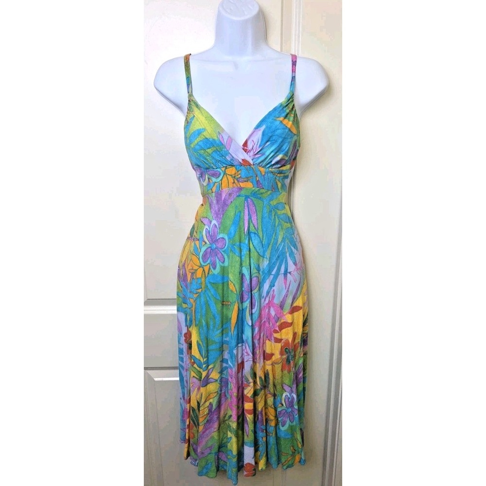Jams World Rainbow Garden Rayon Midi Dress XS‎ Made in Hawaii Empire Waist Y2K